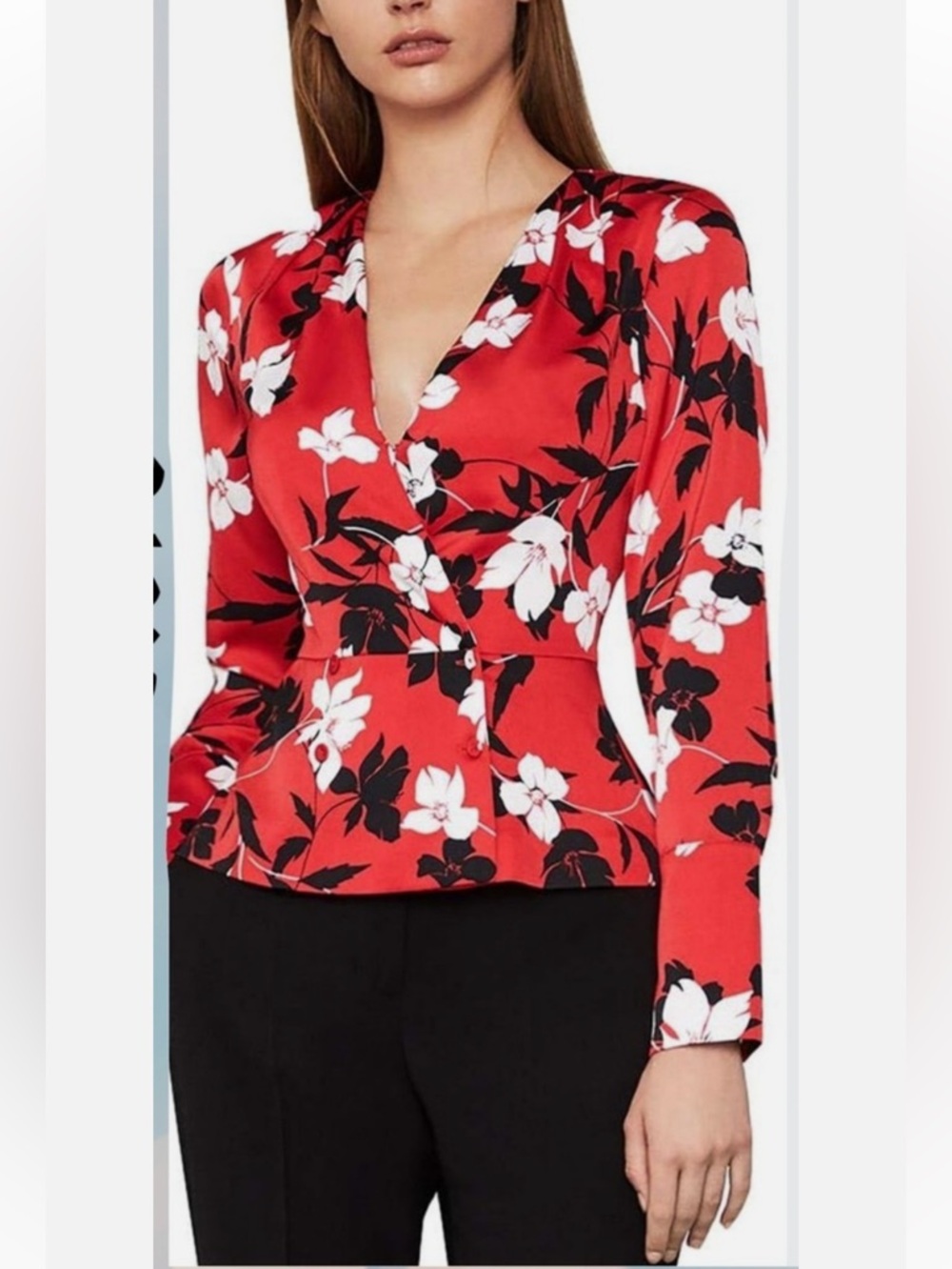 BCBGMaxAzria Red Floral V-Neck Wrap Blouse